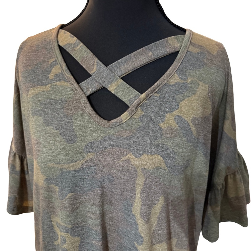 7th Ray Olive Camo Criss-Cross‎ Top Ruffle Sleeve - Picture 2 of 5